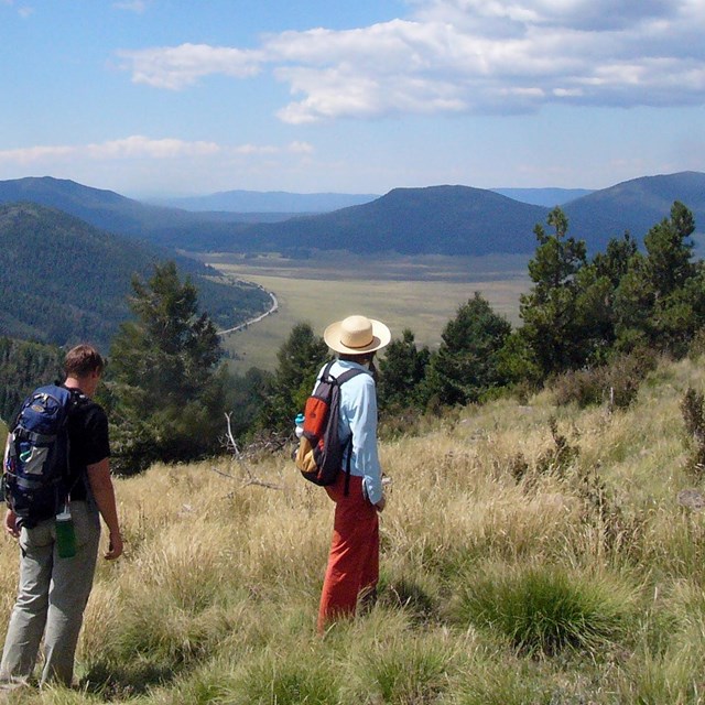 photo of hikers looking into caldera with trees and open grasslands