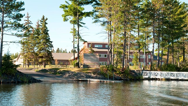 Image of park headquarters from the Rainy River