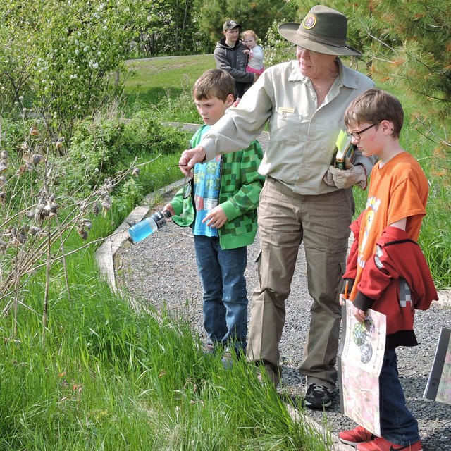 Adult and two children looking at plants