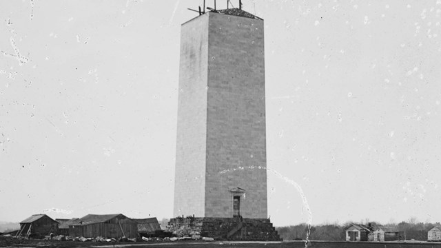 Photo of partially completed Washington Monument