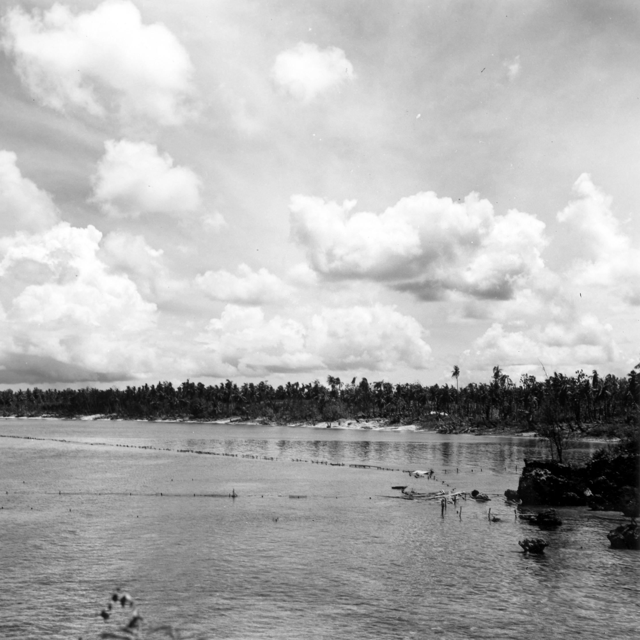 Barbed wire and other obstacles line the edge of the water 