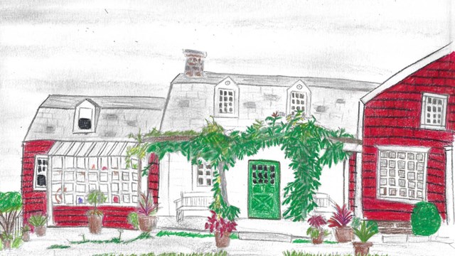 A drawing of a red and white house with a green door, lawn, and vines climbing up the porch.
