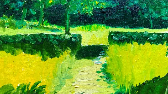 A painting of a path through a meadow of tall grass in bright yellows and greens. 