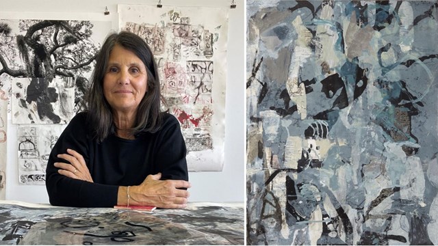 An artist in her studio pictured left, and an image of one of her works on the right.