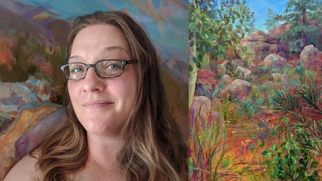 An artist in her studio pictured left, and an image of one of her works on the right.