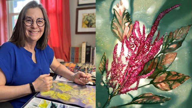 An artist in her studio pictured left, and an image of one of her works on the right.
