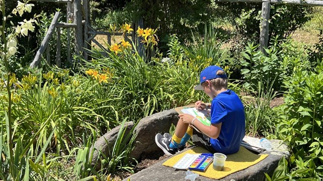 A boy painting sitting on a rock painting a the garden.