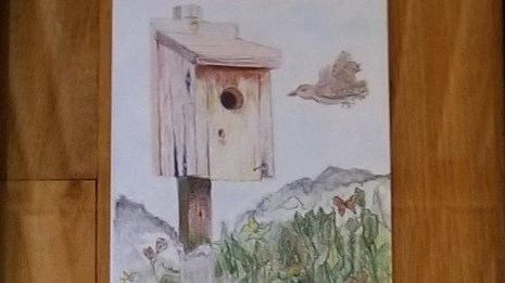 A drawing of a bird flying near a bird house.