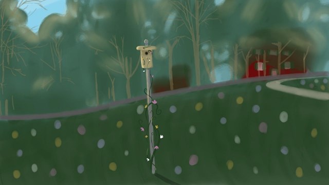 A digital painting of a birdhouse in a field.