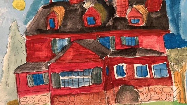 A painting of a backside of a red house with lots of windows.