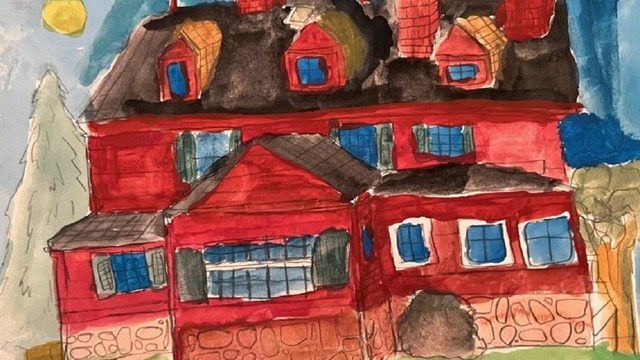 A painting of a backside of a red house with lots of windows.