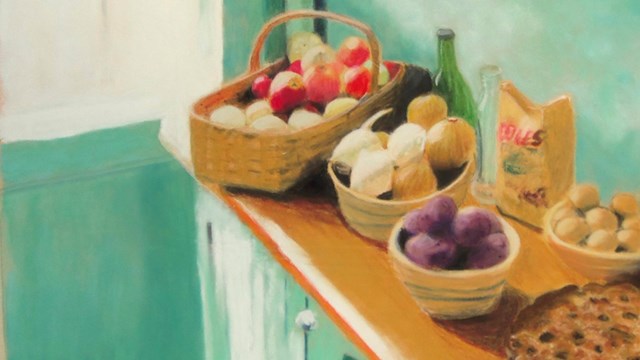 A painting of a green pantry filled with food and storage containers.