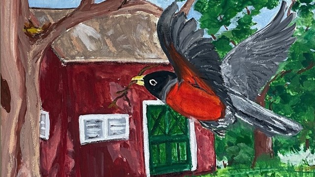 A painting of a bird flying in front of a red building with a double green door.