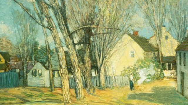 A painting of several white and yellow houses clustered around a green lawn with tall trees.