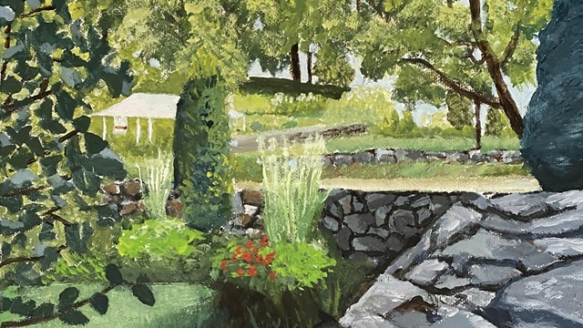 A painting of a long stone wall looking out into a sunny garden with shrubs and trees