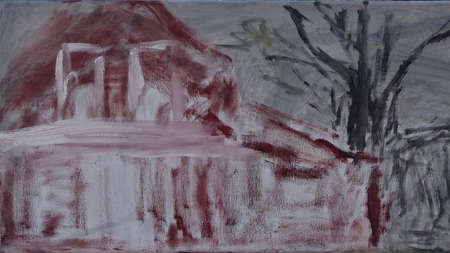 A painting of a red building next to several black barren trees. The sky is dark with a yellow moon.
