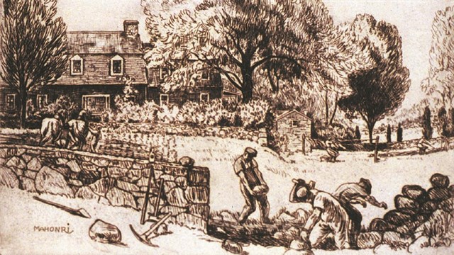 A sketch of a man putting a stone on a stone wall with two other men helping.