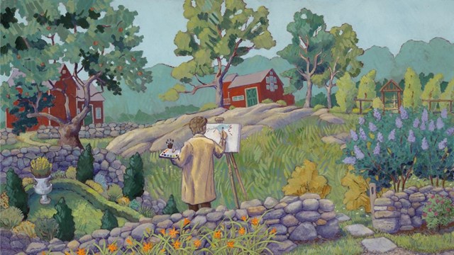 A painting of an artist painting with an easel. In the background are two red buildings in a meadow.