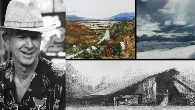 An artist pictured left, and an image of one of his works on the right.