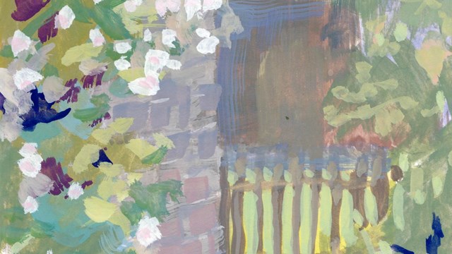 A painting of a wooden fence and a barn surrounded by green leaves and trees.