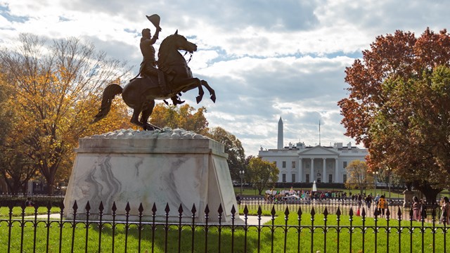 Equestrian statue of Andrew Jackson on a rearing horse in front of the White House