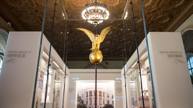 Gold eagle flag topper and image of White House South Portico