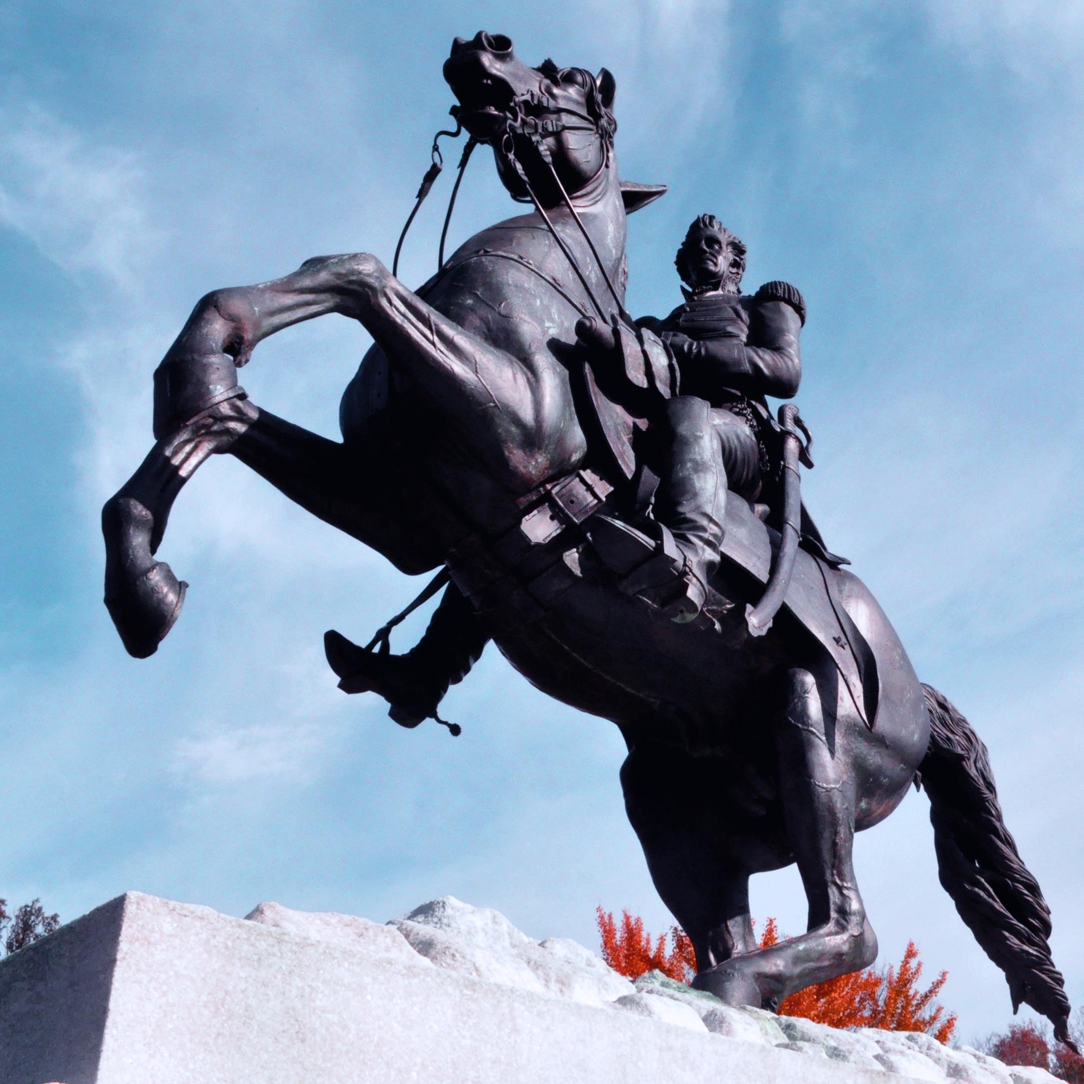 Statue of Andrew Jackson on horseback viewed from below