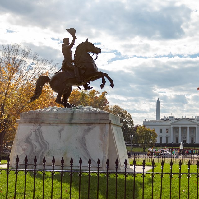 Equestrian statue of Andrew Jackson on a rearing horse in front of the White House