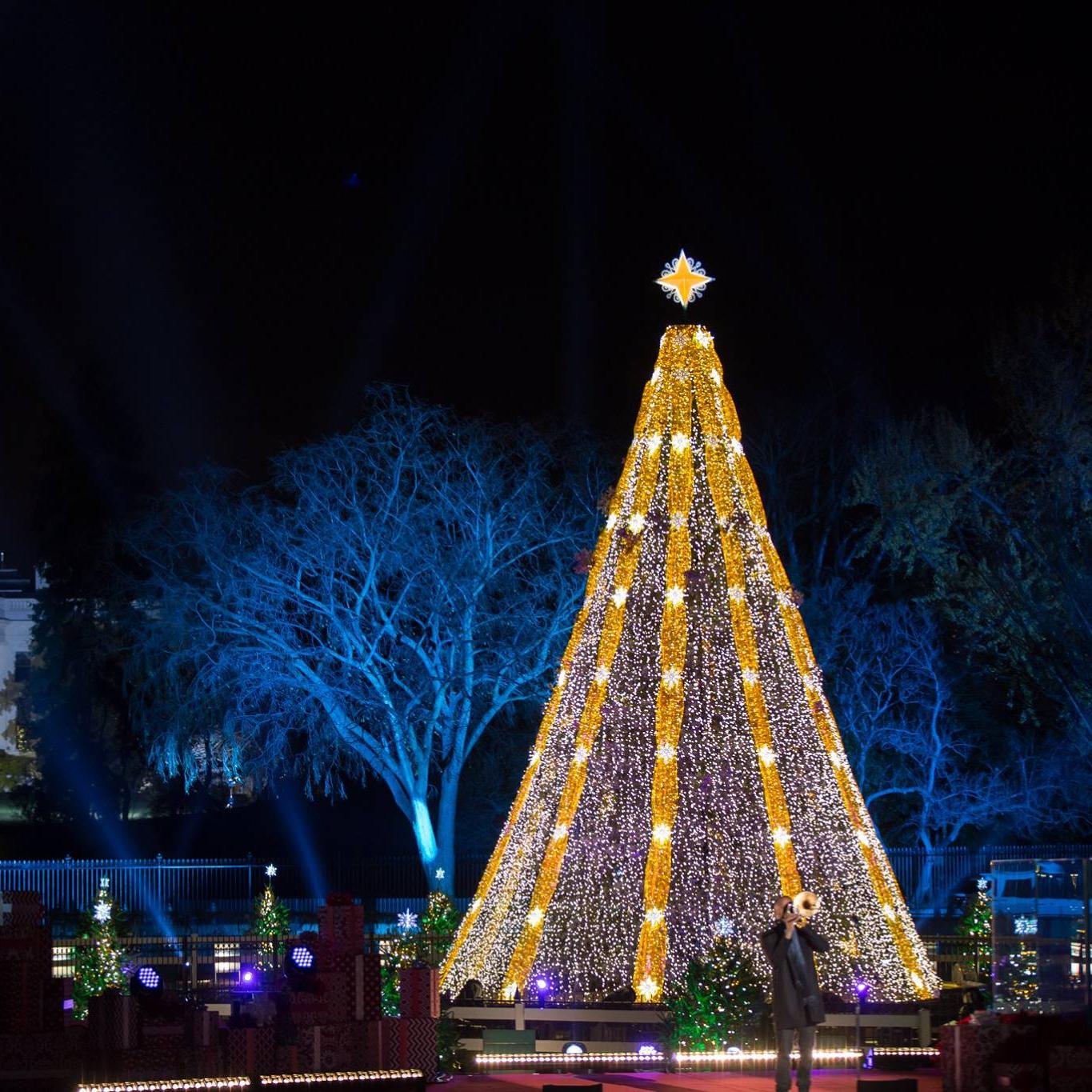 Trombone Shorty performs with National Christmas Tree and White House in background