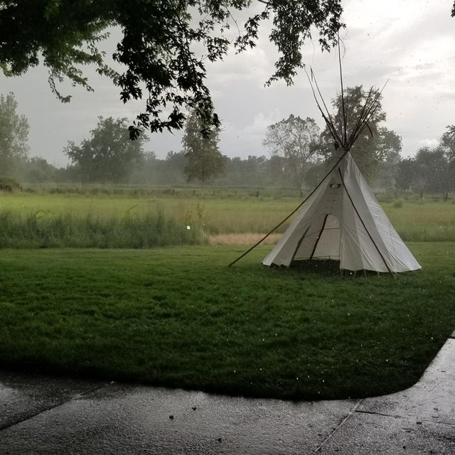 tipi outdoors on a rainy day