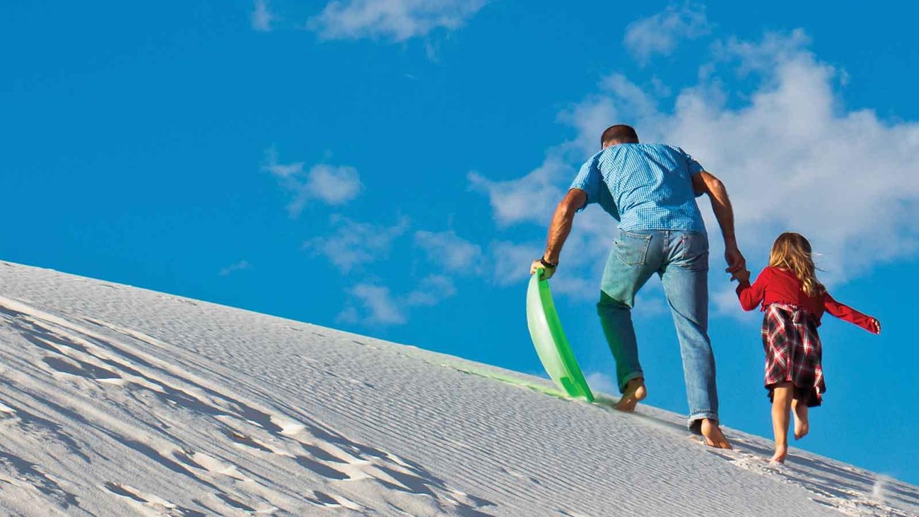 Visitor enjoying sledding on dune.