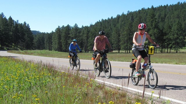 three people on bikes riding along a paved road surrounded by green grass and forested hills