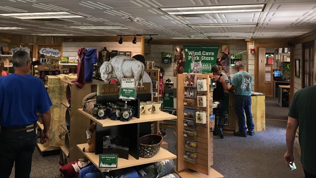 a park store with many displays and shelves of merchandise