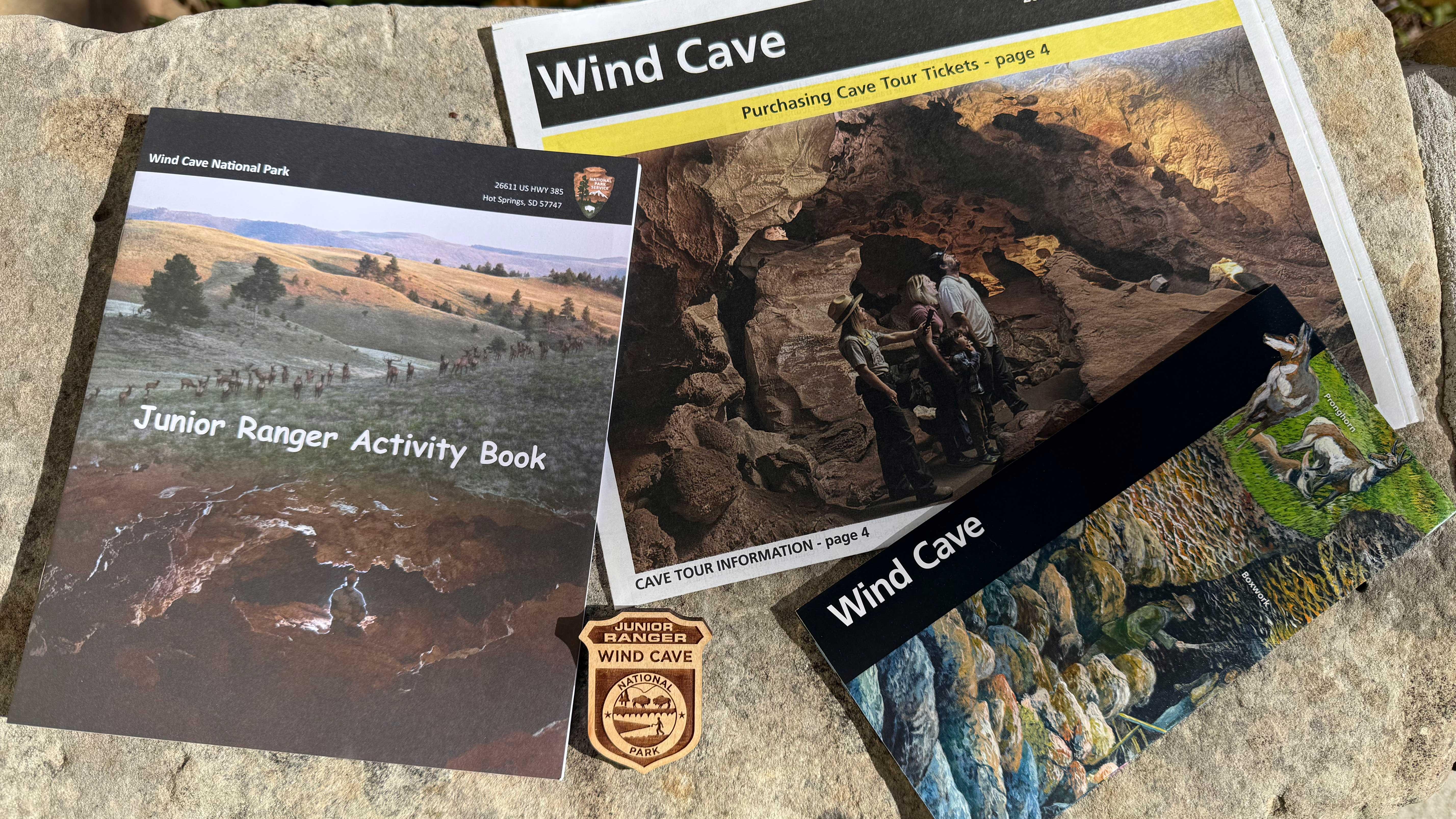 a park brochure, newspaper, junior ranger badge and book, and park stamp against a stone