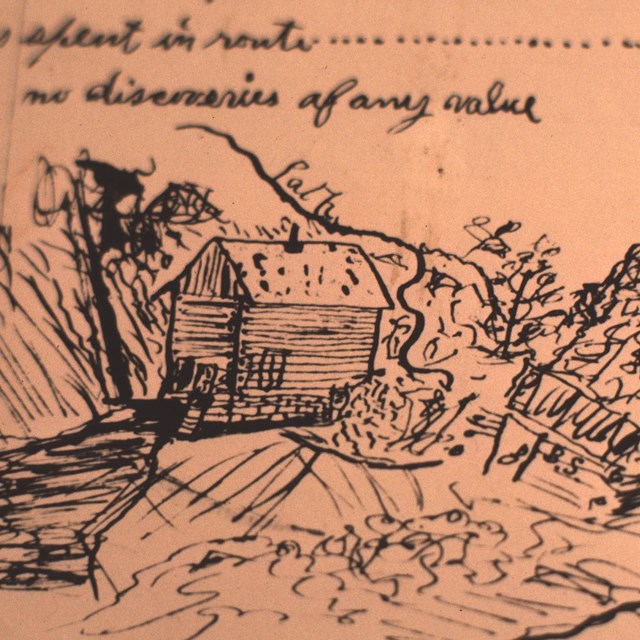 an ink drawing of a cabin with 