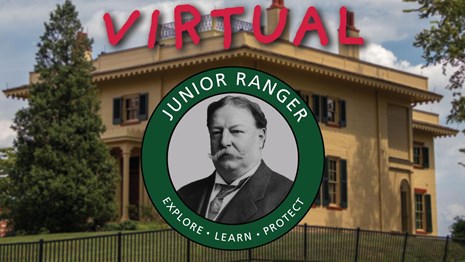 A large yellow house with junior ranger logo on top and VIRTUAL in text atop