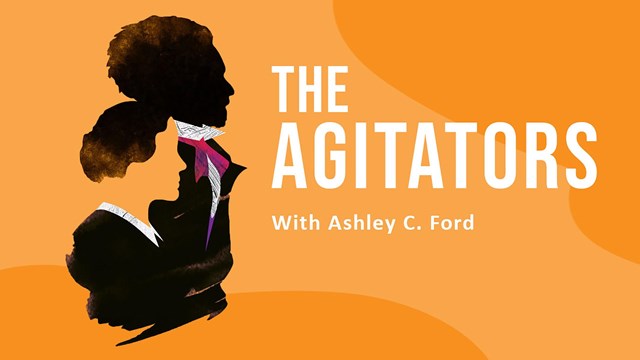 Banner for The Agitators, black and white silhouettes of Douglass and Anthony on a orange background