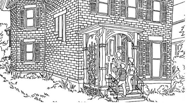 Image of coloring-book page of Susan B. Anthony's house.  