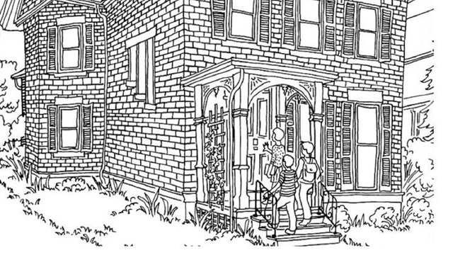 Image of coloring-book page of Susan B. Anthony's house.