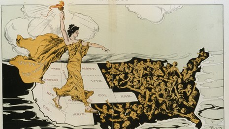 Lady liberty carrying the touch of suffrage across a map of the US. 