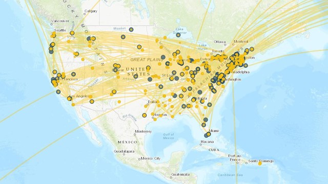 map of the United States showing lines connecting places associated with suffragists