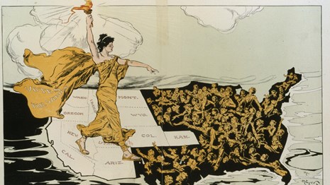 Lady Liberty carrying suffrage torch across a map of the US.