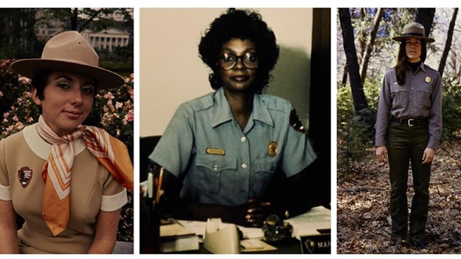 Collage of five images of women wearing different NPS uniforms.