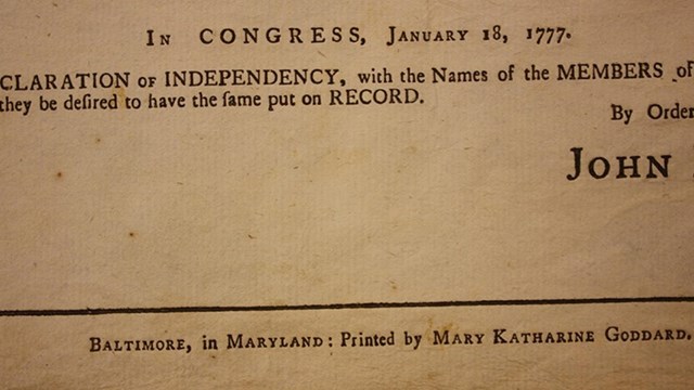 Image of Goddard's name on Declaration of Independence, Nps photo. 