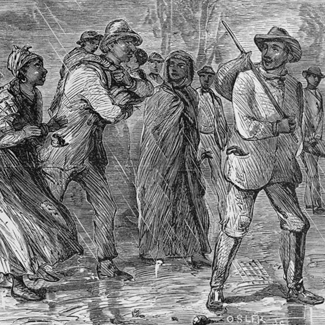 Black and white image of black people fleeing enslavement Library of Congress