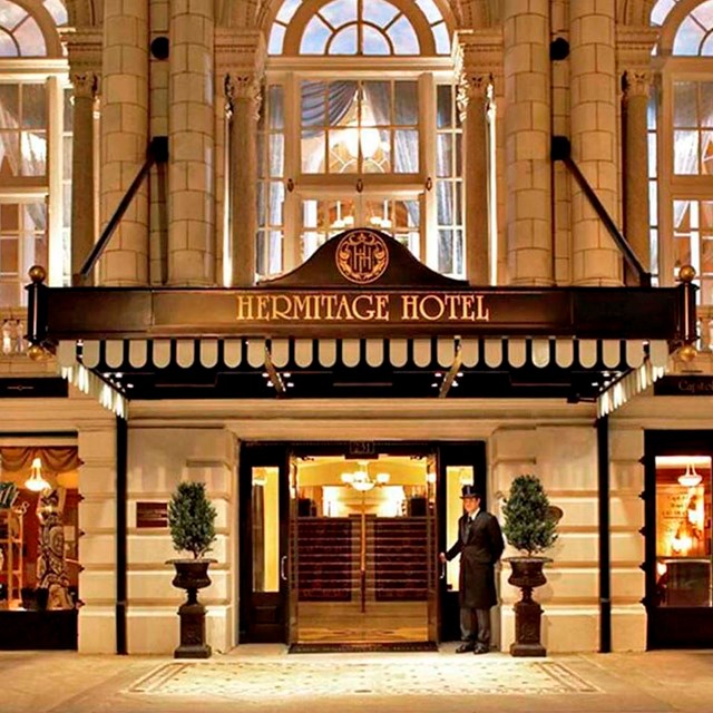 Color photo of the front facade of the Hermitage Hotel