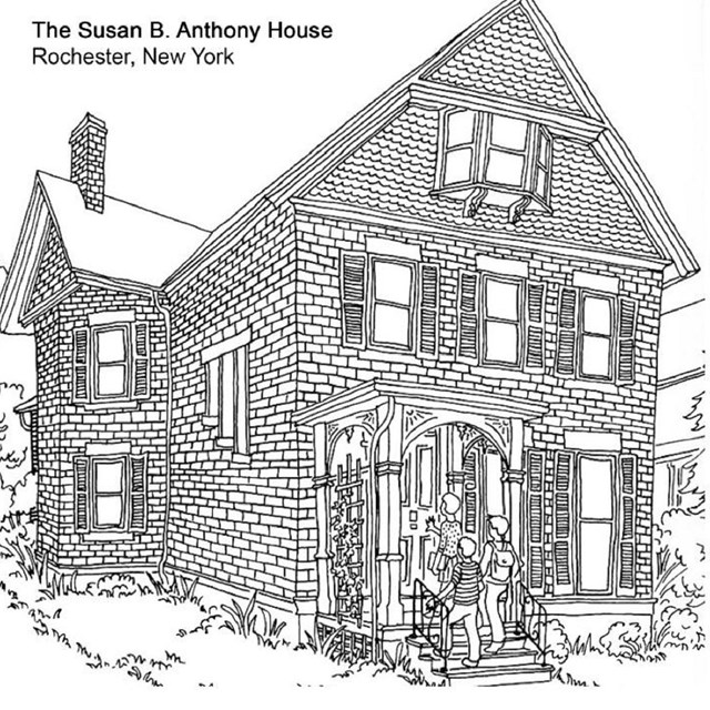 Image of coloring-book page of Susan B. Anthony's house.  