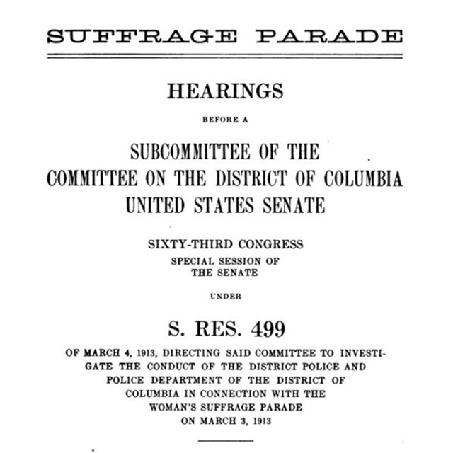 Title page of Volume 1 of the Suffrage Parade Congressional Hearings report. Hathi Trust