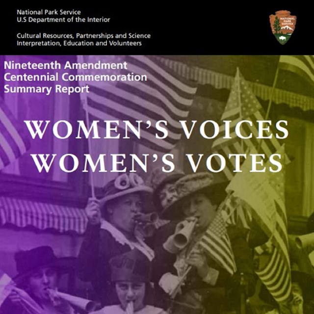 Cover of report with purple and yellow tinted image of women holding flags and banners