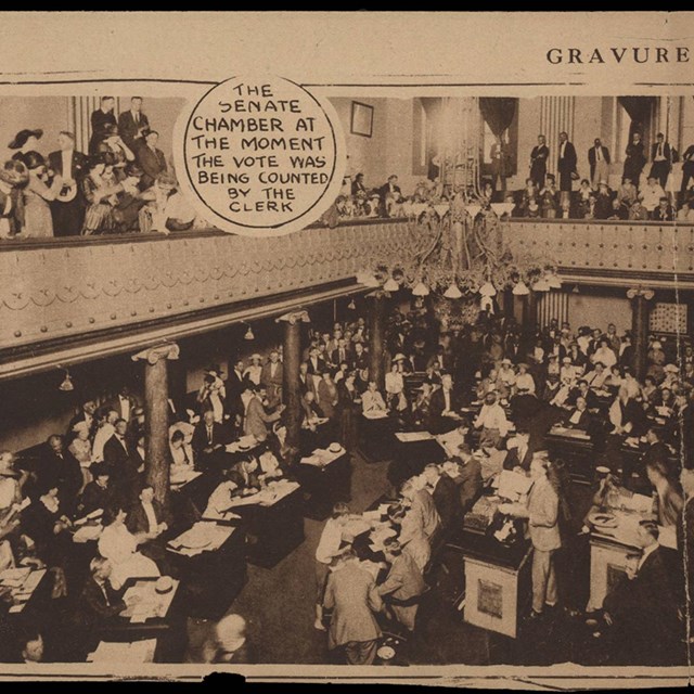 groups of people in the Tennessee Senate Chamber. Newspaper photo from the Tennessee Virtual Archive
